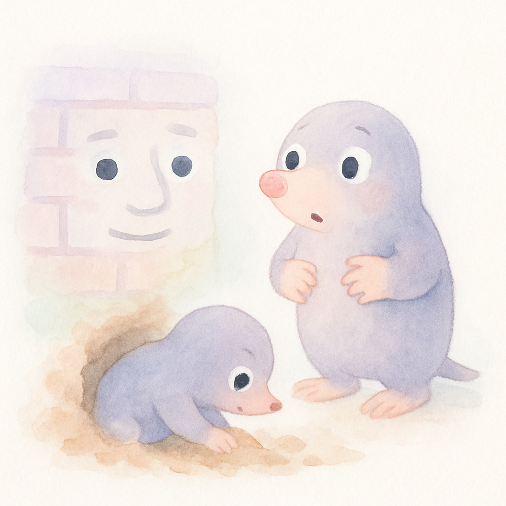 두더지 아빠가 벽과 대화하고 다른 두더지가 벽에 구멍을 뚫는 장면